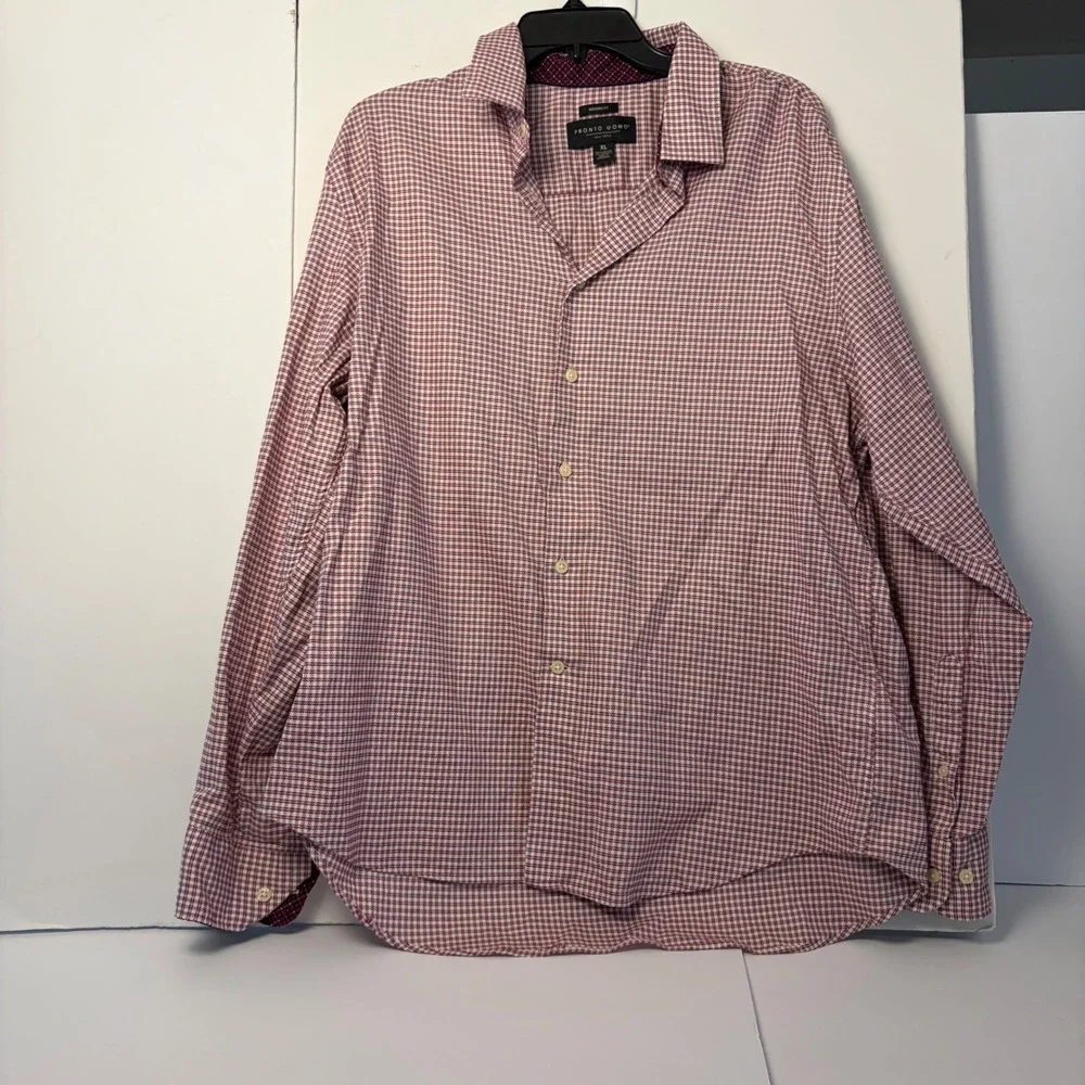 Pronto Uomo Mens XL Modern Fit Button‎ Down Shirt Red White Micro Check Stretch